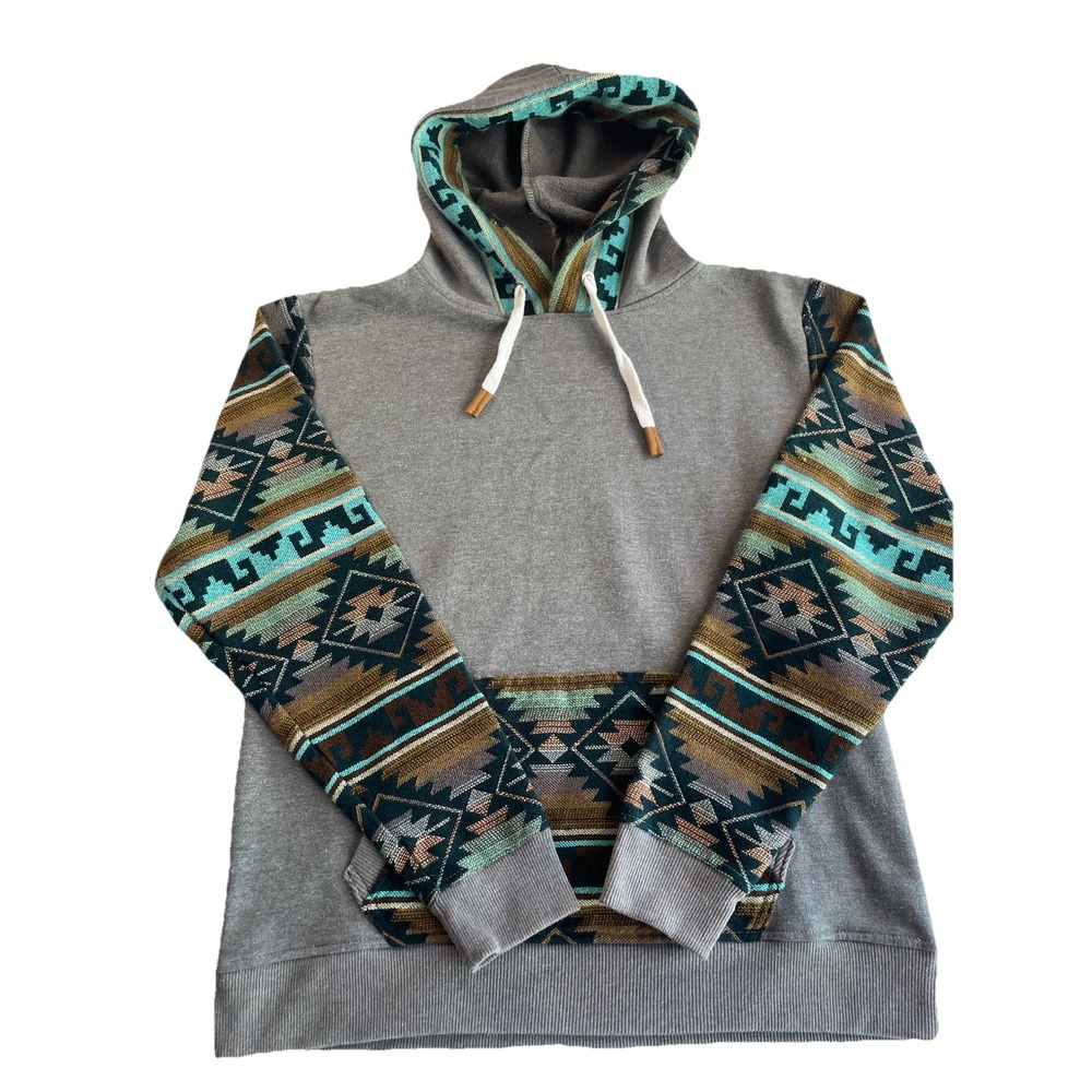 Mens Hoodie Medium Aztec Gray 2 Button Drawstring Kangaroo Pockets